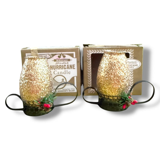 Vintage Christmas Gold Glitter Hurricane Glass Candles in Box x2-0